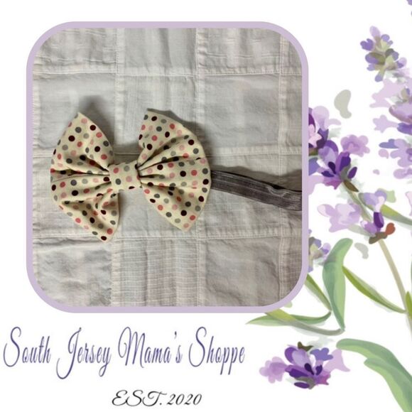 Infant Headband Gray Band Cream With Pink Gray Dark Purple Dots Bow 3 To 6 Month - Picture 1 of 8